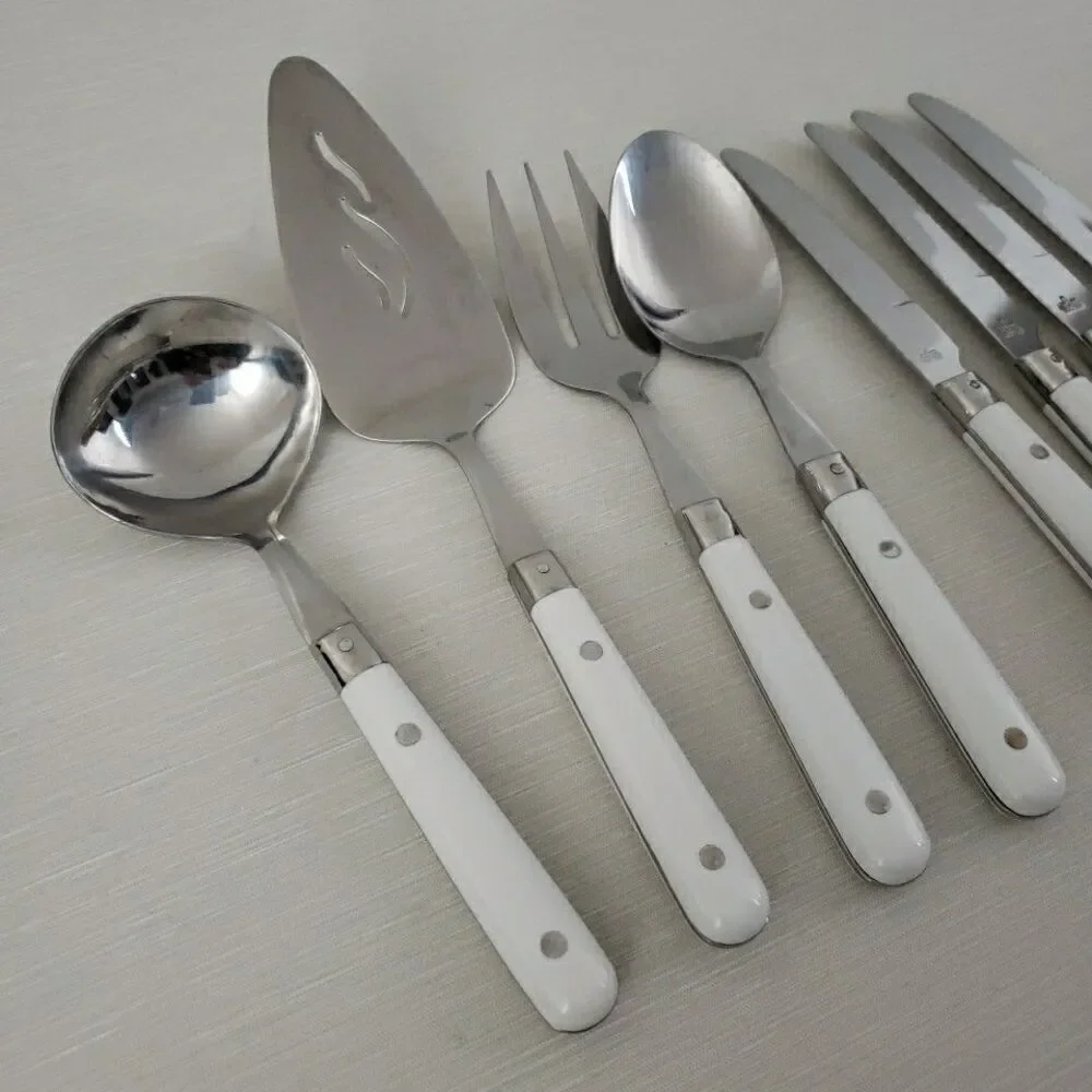 Lifetime Stainless Serving Utensil & 4 Dinner Knives Rivet White Handle Thailand